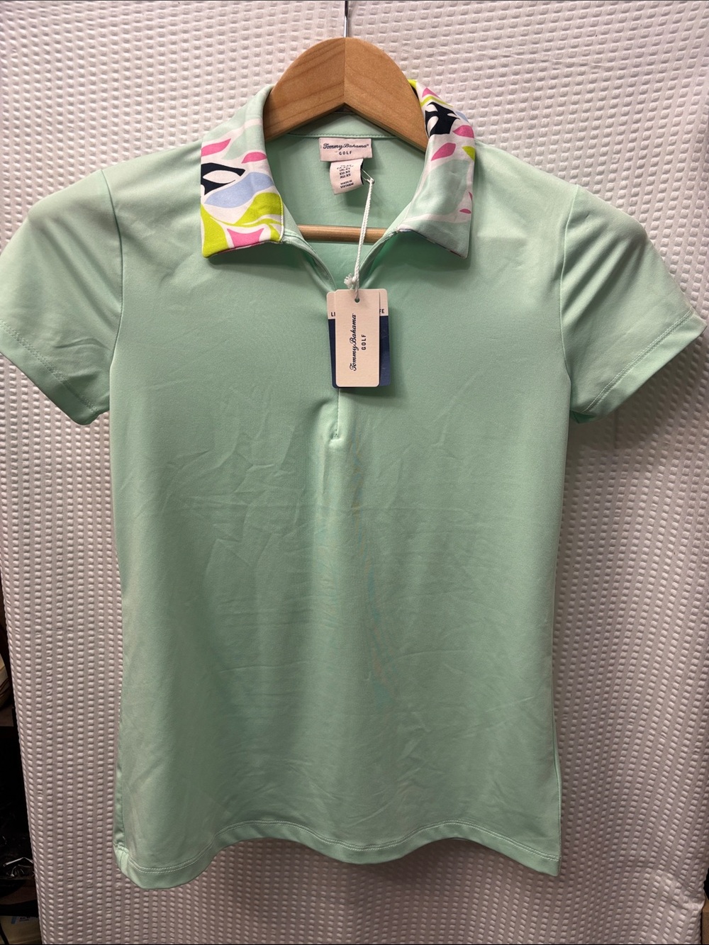 Tommy Bahama Golf Mint Green Short Sleeve Polo with Patterned Multicolor Collar